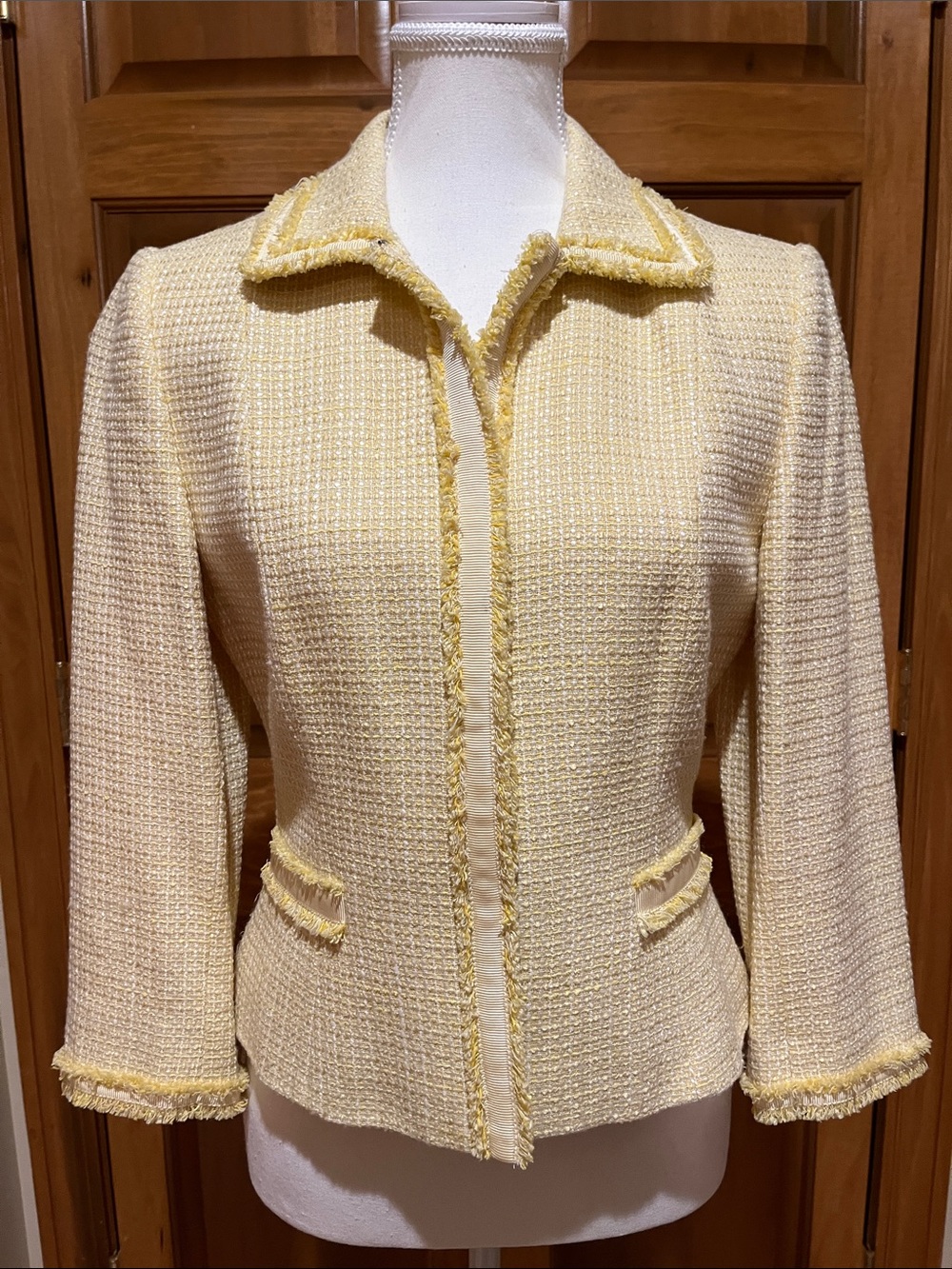 Tahari Cream and Pale Yellow Tweed Blazer